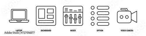 Set of Video Camera, Option, Mixer, Dashboard, Laptop icons, a collection of clean line icon illustrations with editable strokes for your projects