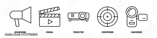 Set of Camcorder, Countdown, Projector, Cinema, Megaphone icons, a collection of clean line icon illustrations with editable strokes for your projects