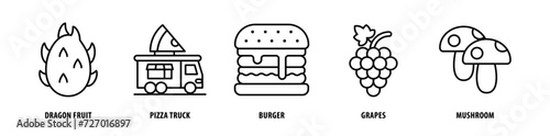 Set of Mushroom, Grapes, Burger, Pizza, Truck, Dragon Fruit icons, a collection of clean line icon illustrations with editable strokes for your projects