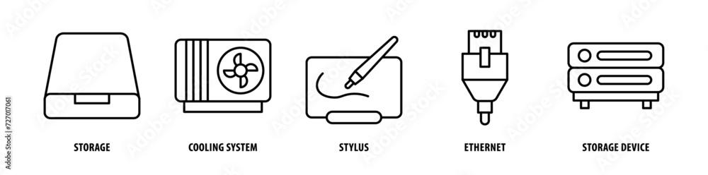 Set of Storage Device, Ethernet, Stylus, Cooling System, Storage icons, a collection of clean line icon illustrations with editable strokes for your projects Set of Storage Device, Ethernet, Stylus, Cooling System, Storage icons, a collection of clean line icon illustrations with editable strokes for your projects
