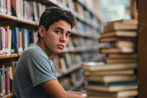 Young Man in Library with Books
