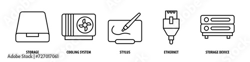 Set of Storage Device, Ethernet, Stylus, Cooling System, Storage icons, a collection of clean line icon illustrations with editable strokes for your projects