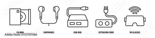Photography Set of Vr Glasses, Extension Cord, Usb Hub, Earphones, Cd-Rom icons, a collectio