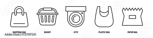 Set of Paper Bag, Plastic Bag, Cctv, Basket, Shopping Bag icons, a collection of clean line icon illustrations with editable strokes for your projects