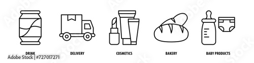 Set of Baby Products, Bakery, Cosmetics, Delivery, Drink icons, a collection of clean line icon illustrations with editable strokes for your projects