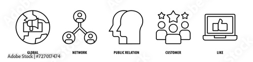 Set of Like, Customer, Public Relation, Network, Global icons, a collection of clean line icon illustrations with editable strokes for your projects