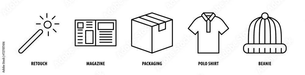Set of Beanie, Polo Shirt, Packaging, Magazine, Retouch icons, a collection of clean line icon illustrations with editable strokes for your projects Set of Beanie, Polo Shirt, Packaging, Magazine, Retouch icons, a collection of clean line icon illustrations with editable strokes for your projects