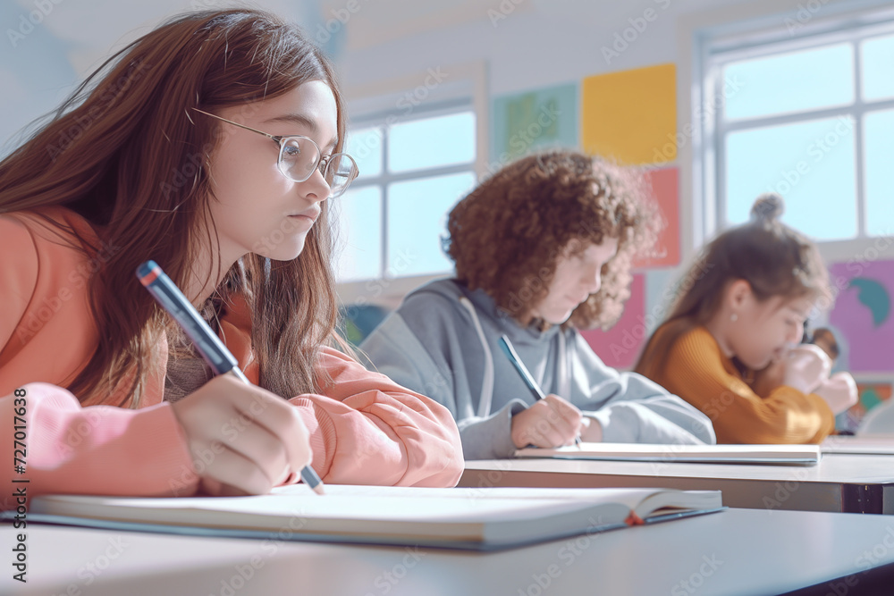 female kids are taking notes in a classroom - obrazy, fototapety, plakaty 