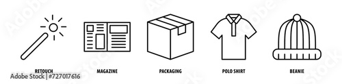 Set of Beanie, Polo Shirt, Packaging, Magazine, Retouch icons, a collection of clean line icon illustrations with editable strokes for your projects