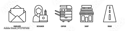 Set of Road, Shop, Copier, Designer, Envelope icons, a collection of clean line icon illustrations with editable strokes for your projects