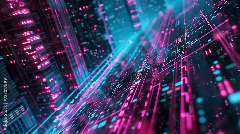Cyberpunk style background with futuristic grid pattern of luminous particles in vibrant neon color Cyberpunk style background with futuristic grid pattern of luminous particles in vibrant neon color