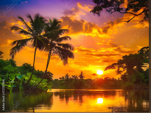 Jungle Serenity: Mesmerizing Sunset Over Tranquil River and Verdant Foliage. generative AI