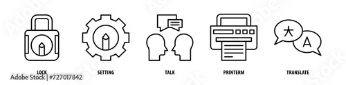 Set of Translate, Printer, Talk, Setting, Lock icons, a collection of clean line icon illustrations with editable strokes for your projects