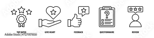 Set of Review, Questionnaire, Feedback, Give Heart, Top Rated icons, a collection of clean line icon illustrations with editable strokes for your projects