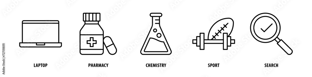 Set of Search, Sport, Chemistry, Pharmacy, Laptop icons, a collection of clean line icon illustrations with editable strokes for your projects