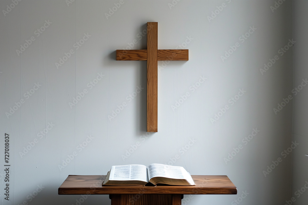 Wooden Cross and Bible on Lectern