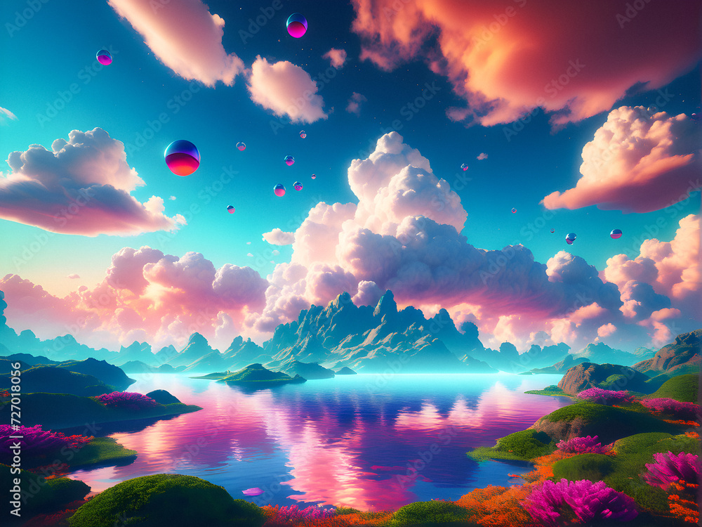 Pixelated Horizons: A Digital Dreamscape of Surreal Marvels, Floating Geometric Shapes, and a Vibrant Gradient Sky, Offering a Glimpse into the Future of Virtual Reality. generative AI