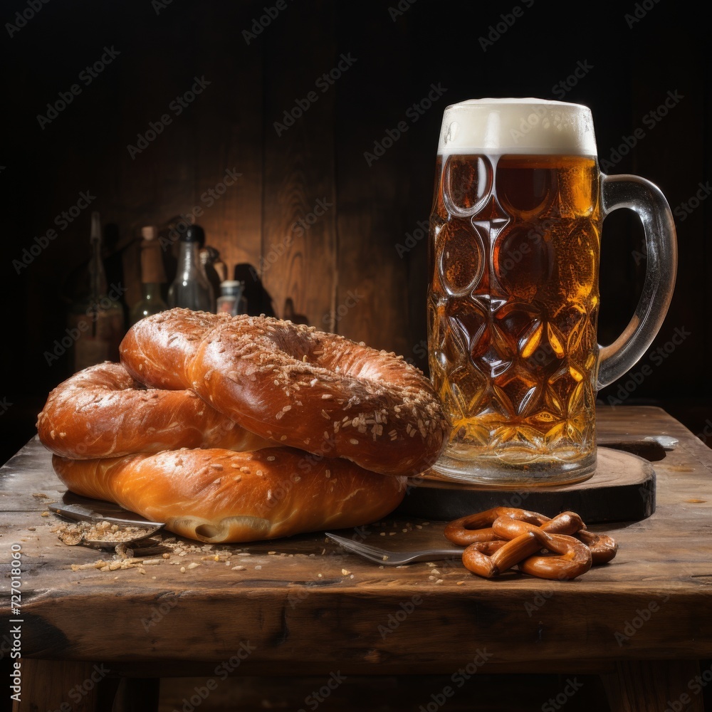 A glass of beer with a pretzel on a wooden table in a pub. Generative AI. A glass of beer with a pretzel on a wooden table in a pub. Generative AI.