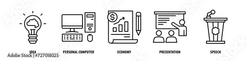 Set of Speech, Presentation, Economy, Personal Computer, Idea icons, a collection of clean line icon illustrations with editable strokes for your projects