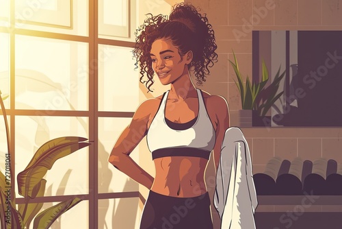 healthy smiling young woman standing in fitness studio with sports bras and towel healthy woman