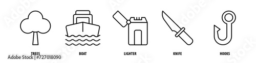 Set of Hooks, Knife, Lighter, Boat, Trees icons, a collection of clean line icon illustrations with editable strokes for your projects