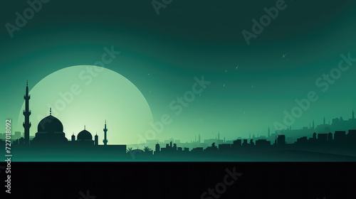 Ramadan Kareem Greetings poster green background with mosque shillouette