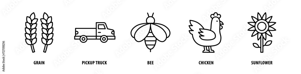 Set of Sunflower, Chicken, Bee, Pickup Truck, Grain icons, a collection of clean line icon illustrations with editable strokes for your projects Set of Sunflower, Chicken, Bee, Pickup Truck, Grain icons, a collection of clean line icon illustrations with editable strokes for your projects