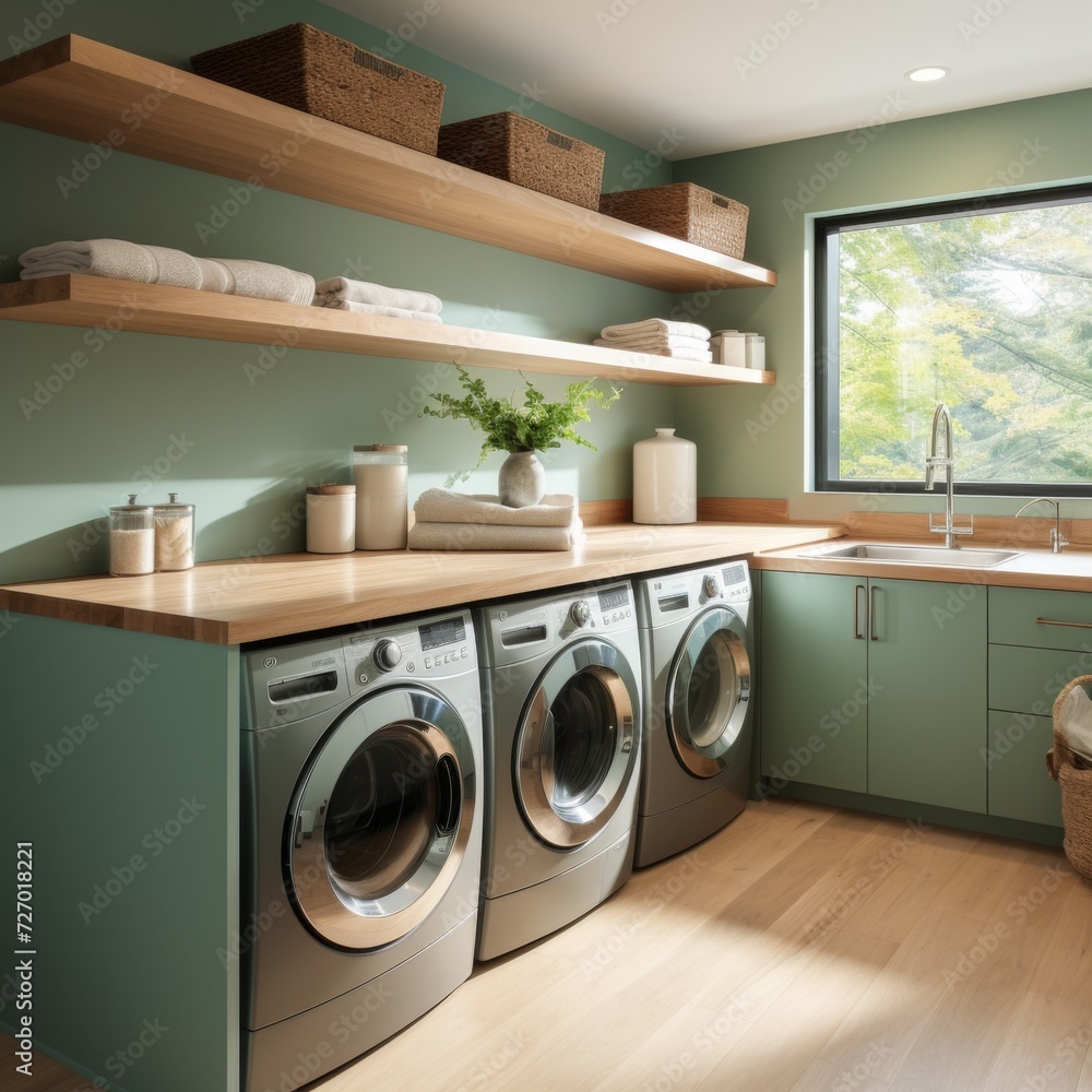 Beautiful modern laundry room, side by side washer and dryer. Green design. Generative AI. - obrazy, fototapety, plakaty 