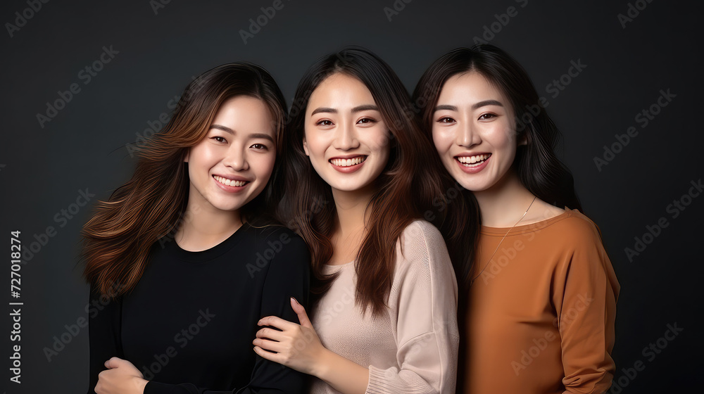 Three asian girls portraits smiling close up Three asian girls portraits smiling close up
