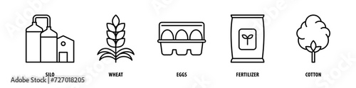 Set of Cotton, Fertilizer, Eggs, Wheat, Silo icons, a collection of clean line icon illustrations with editable strokes for your projects