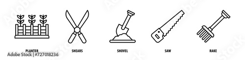 Set of Rake, Saw, Shovel, Shears, Planter icons, a collection of clean line icon illustrations with editable strokes for your projects