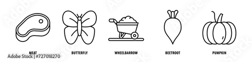 Set of Pumpkin, Beetroot, Wheelbarrow, Butterfly, Meat icons, a collection of clean line icon illustrations with editable strokes for your projects photo