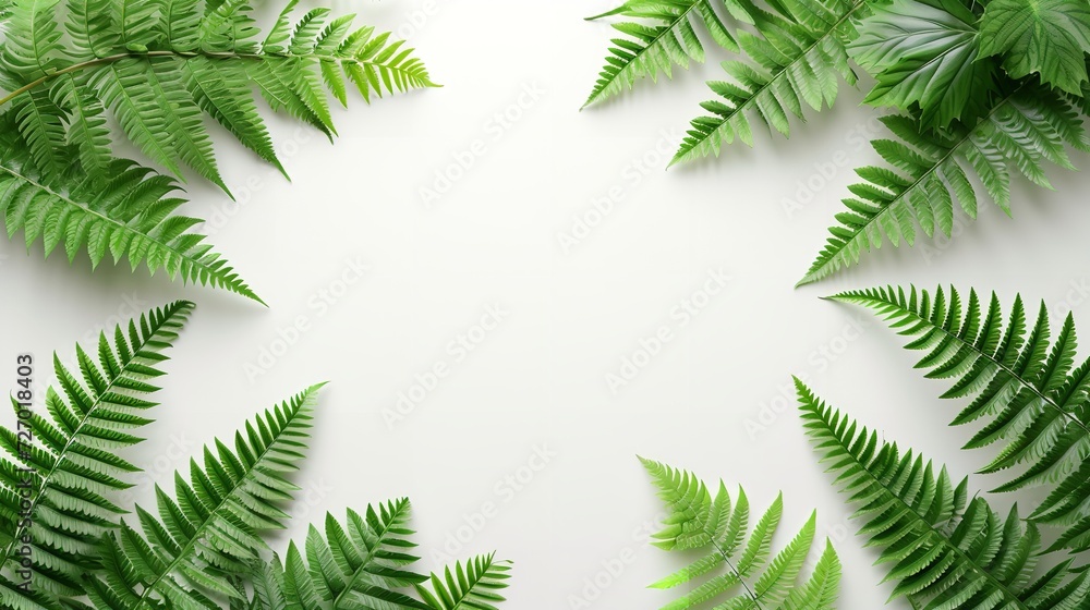 Fern fronds with a white backdrop and an open spot in the center with overhead view, Generative AI.