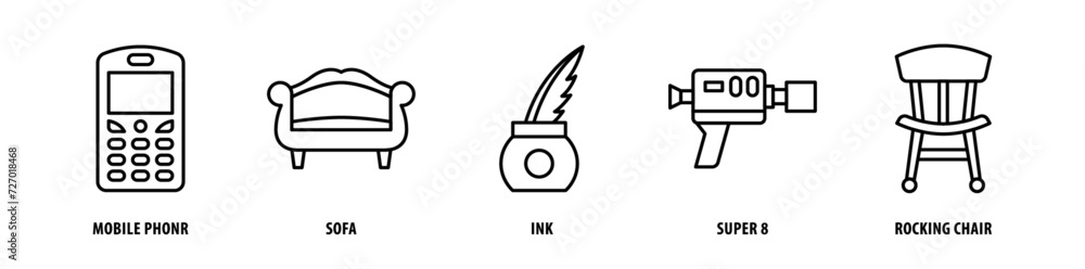Set of Rocking Chair, Super 8, Ink, Sofa, Mobile Phone icons, a collection of clean line icon illustrations with editable strokes for your projects Set of Rocking Chair, Super 8, Ink, Sofa, Mobile Phone icons, a collection of clean line icon illustrations with editable strokes for your projects