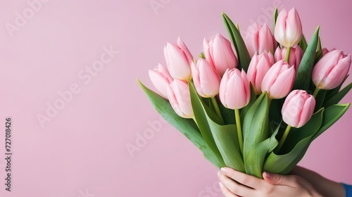 Bunch of soft pink tulips in woman hands close up