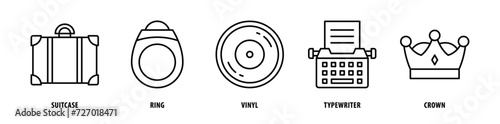 Set of Crown, Typewriter, Vinyl, Rings, Suitcase icons, a collection of clean line icon illustrations with editable strokes for your projects