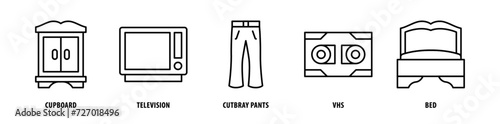 Set of Bed, Vhs, Cut, Bray Pants, Television, Cupboard icons, a collection of clean line icon illustrations with editable strokes for your projects