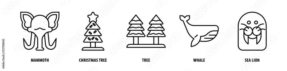 Set of Sea Lion, Whale, Tree, Christmas Tree, Mammoth icons, a collection of clean line icon illustrations with editable strokes for your projects Set of Sea Lion, Whale, Tree, Christmas Tree, Mammoth icons, a collection of clean line icon illustrations with editable strokes for your projects