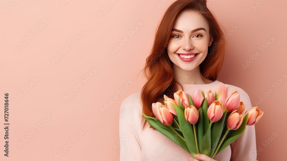 Attractive young smiling red haired woman holding bunch of pink tulips in hands copy space peach fuzz background Attractive young smiling red haired woman holding bunch of pink tulips in hands copy space peach fuzz background