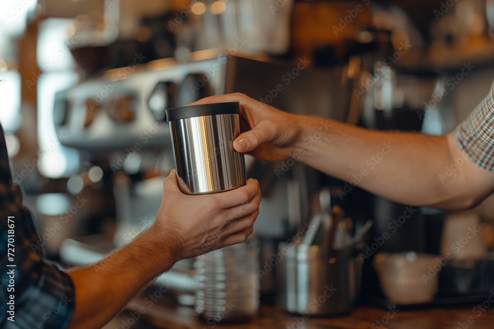 Barista Serving Coffee in Stainless Steel Cup