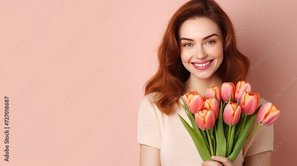 Attractive young smiling red haired woman holding bunch of pink tulips in hands copy space peach fuzz background Attractive young smiling red haired woman holding bunch of pink tulips in hands copy space peach fuzz background