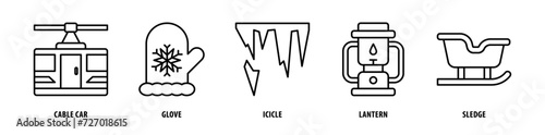 Set of Sledge, Lantern, Icicle, Glove, Cable Car icons, a collection of clean line icon illustrations with editable strokes for your projects