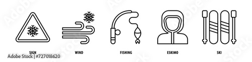 Set of Ski, Eskimo, Fishing, Wind Sign icons, a collection of clean line icon illustrations with editable strokes for your projects