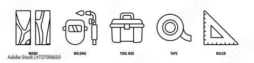 Set of Ruler, Tape, Tool Box, Welding, Wood icons, a collection of clean line icon illustrations with editable strokes for your projects