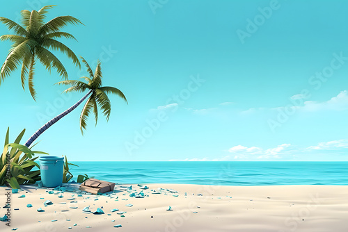 trash on tropical beach view at sunny day with white sand  turquoise water and palm tree. Neural network generated image. Not based on any actual scene or pattern.