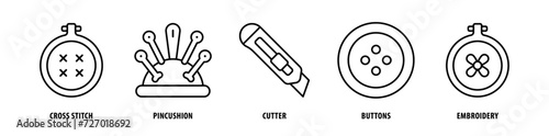Set of Embroidery, Buttons, Cutter, Pincushion, Cross Stitch icons, a collection of clean line icon illustrations with editable strokes for your projects