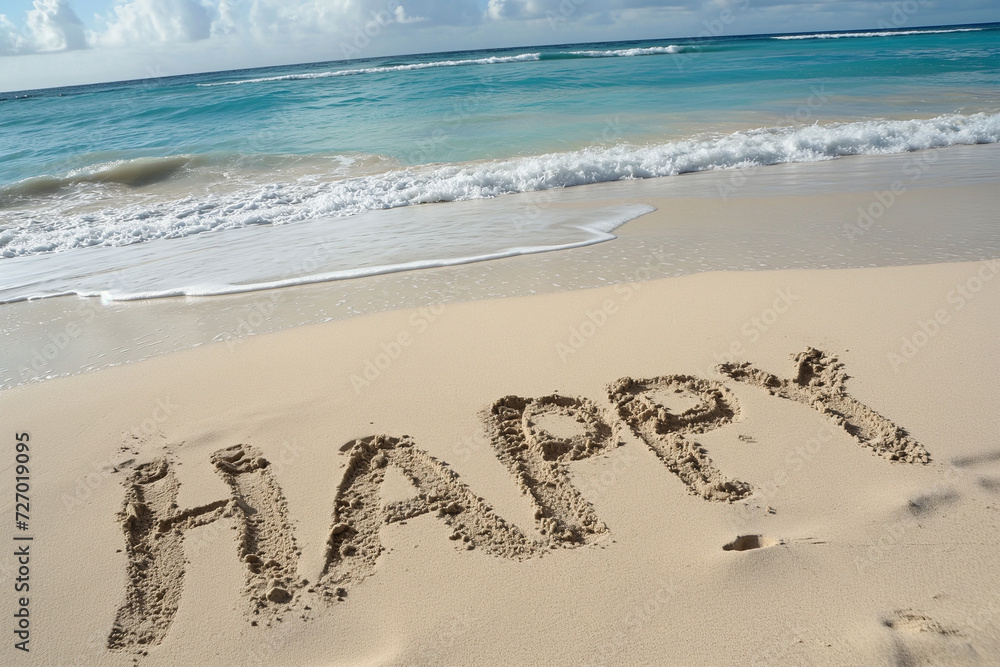 Fototapeta premium 'Happy' Written in Sand on Tropical Beach