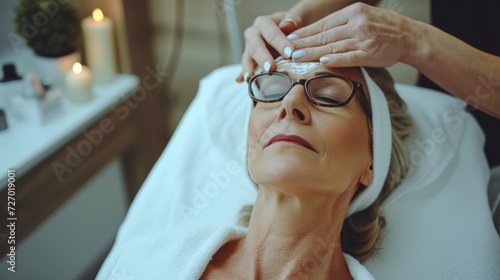 A middle-aged woman with a bob cut and glasses is at the beauty parlor, getting a facial treatment,