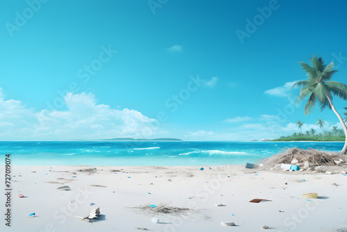trash on tropical beach view at sunny day with white sand, turquoise water and palm tree. Neural network generated image. Not based on any actual scene or pattern. © lucky pics