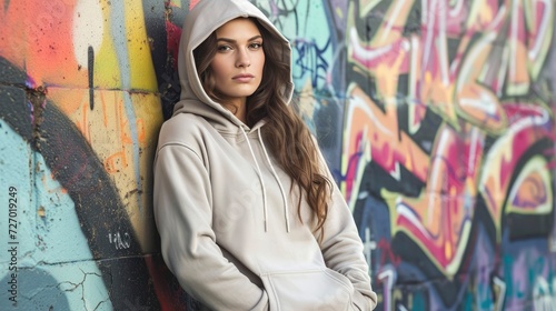 A model in a plain hoodie leaning against a graffiti wall, her gaze focused on the camera, Plain hoodie's mockup for your design